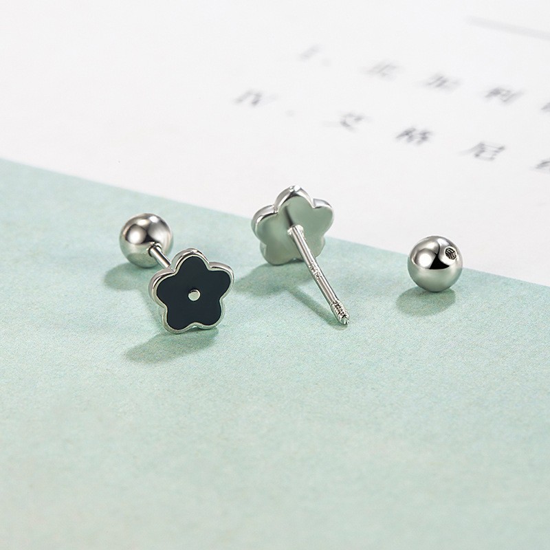 925 Sterling Silver Tiny Flower Enamel Screw Back Stud Earrings 6mm B11