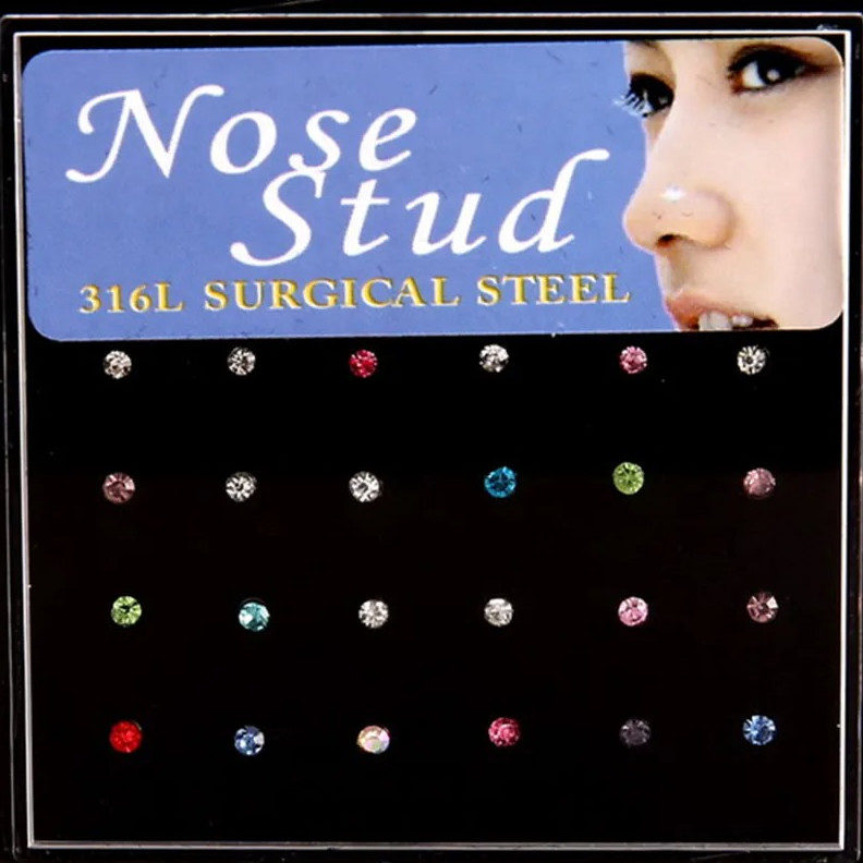 24pcs Crystal Nose Rings & Studs for Women Stainless Steel Piercing Jewelry