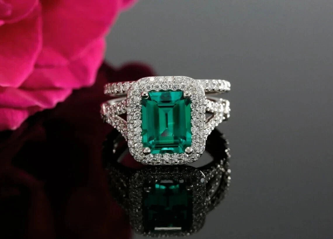 3Ct Emerald Cut Lab-Created Emerald Halo Engagement Ring 14K White Gold Plated