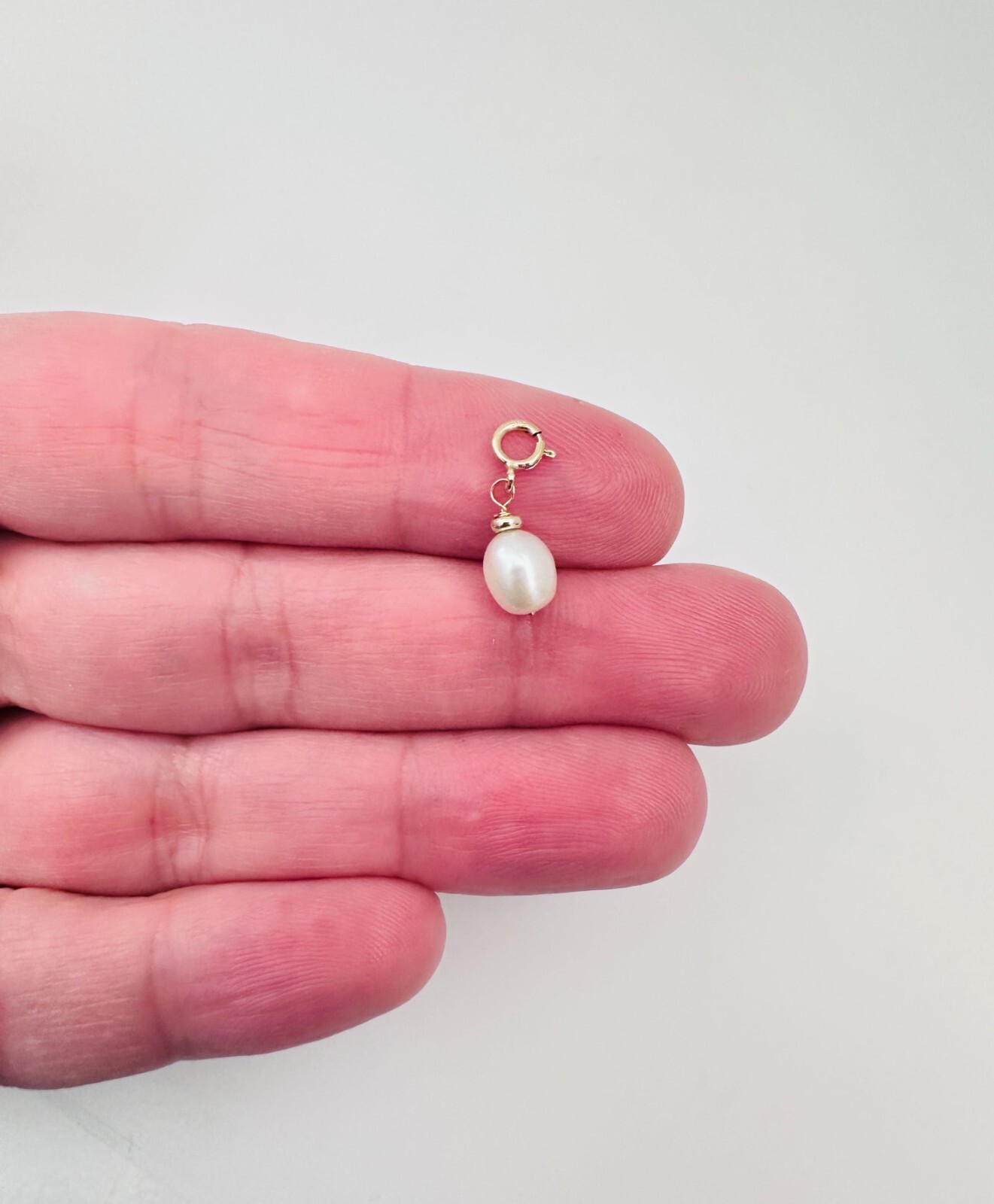 14K Solid Yellow Gold Dangle Baroque Pearl Small Charm Pendant w/Spring Clasp
