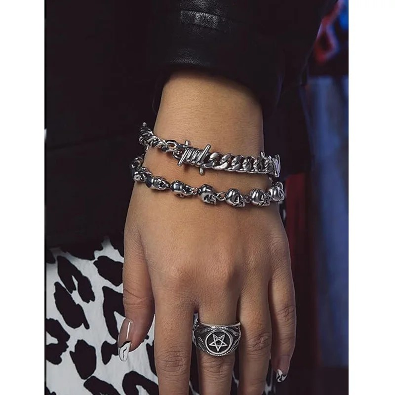 Barbed Wire Cuban Link Chain Bracelet Adjustable Stainless Steel Punk Emo 2026.
