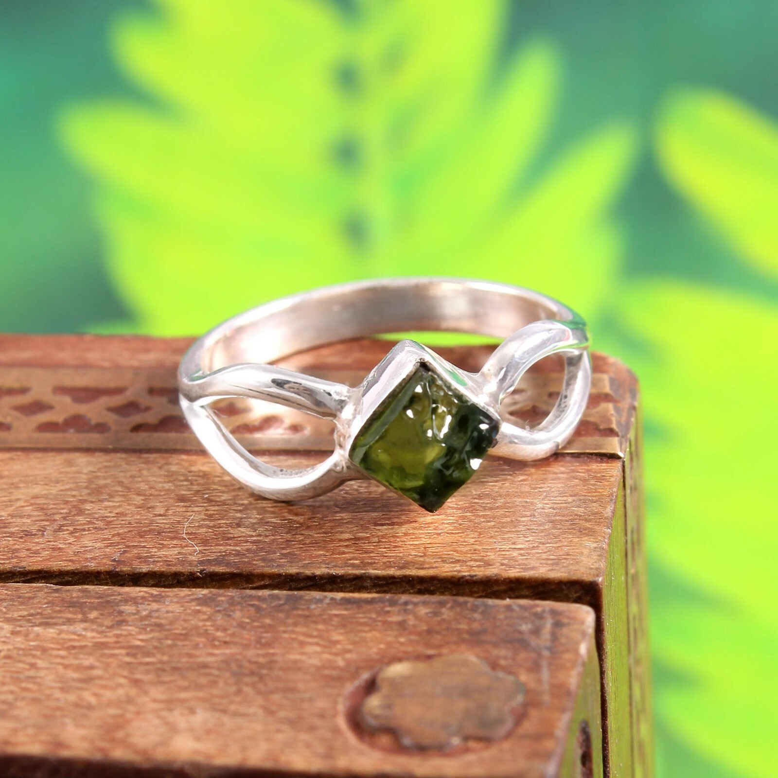 Natural Moldavite Rough Ring Czech Republic Moldavite Ring 925 Sterling Silver