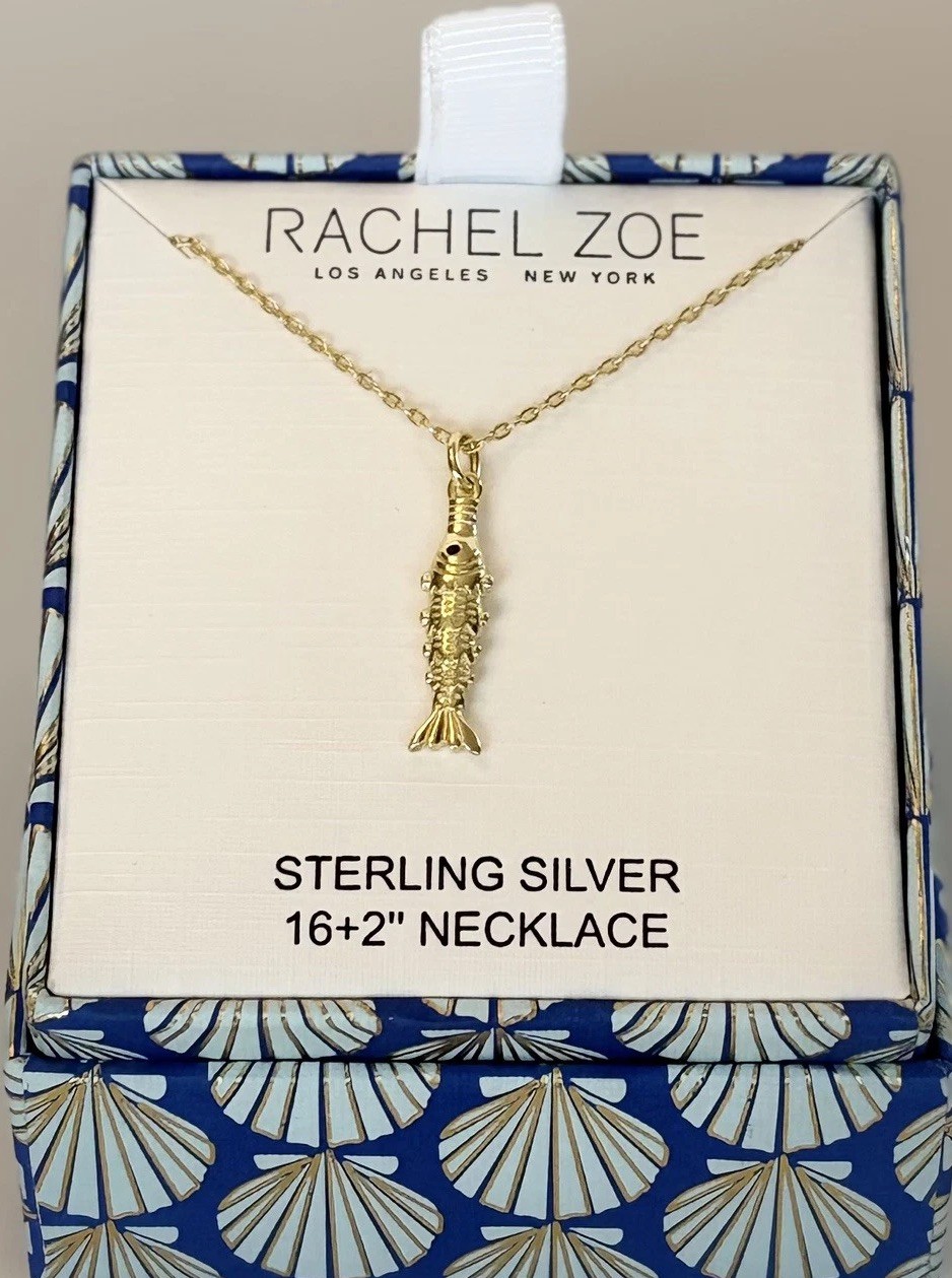 RACHEL ZOE Jewelry Fish Pendant Necklace Gold Tone 925 Sterling Silver 16+2”