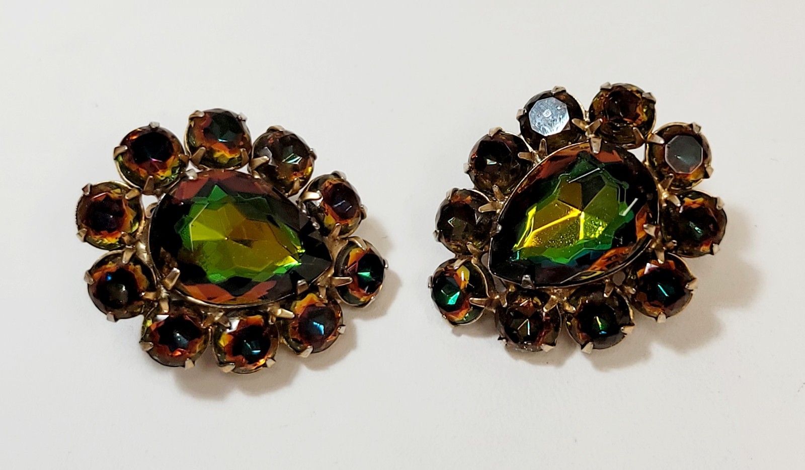 Vintage Juliana Heliotrope Watermelon Rhinestone Earrings Green Orange