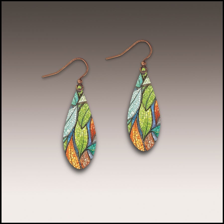 DC Designs Leaves Mosaic Green Orange Abstract Art Print Dew Drop Earrings 66DE