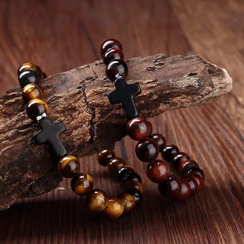 Natural Stone Beads Bracelet Hematite Cross Prayer Yoga Jewelry Men Women USA