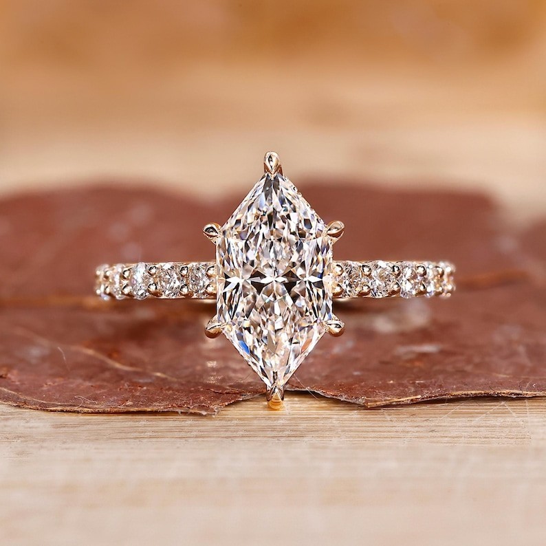 Dutch Marquise Cut Moissanite Hidden Halo 14K Gold Plated Engagement Ring