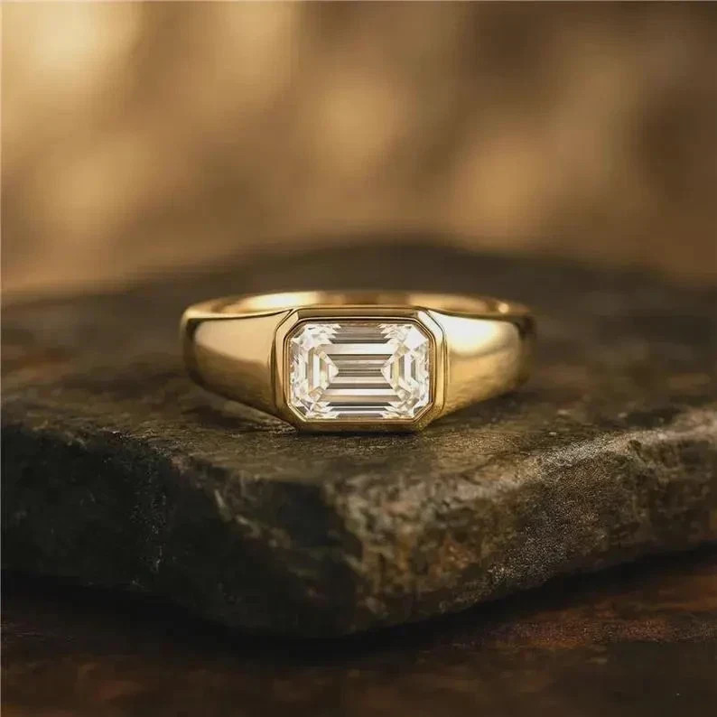 2 CT Emerald Cut East West Signet Moissanite Ring 925 Sterling Silver Jewelry