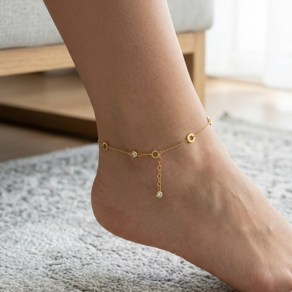 10Kt Yellow Gold CZ Circle Charm Anklet Womens Ankle Bracelet 9+1 Inch