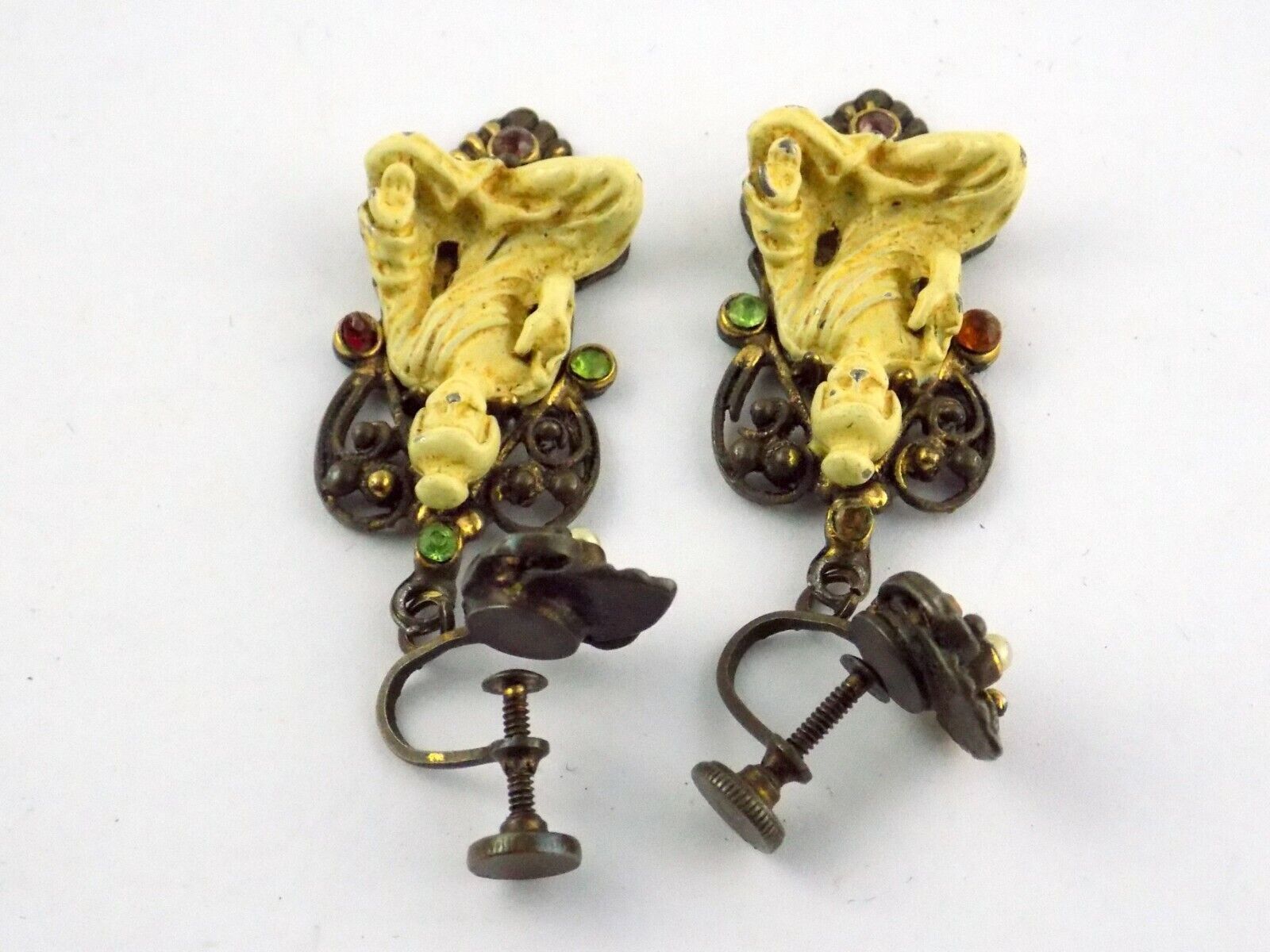 Vintage Painted Brass and Buddha Figurine Screwback Earrings Unsigned Rhinestone