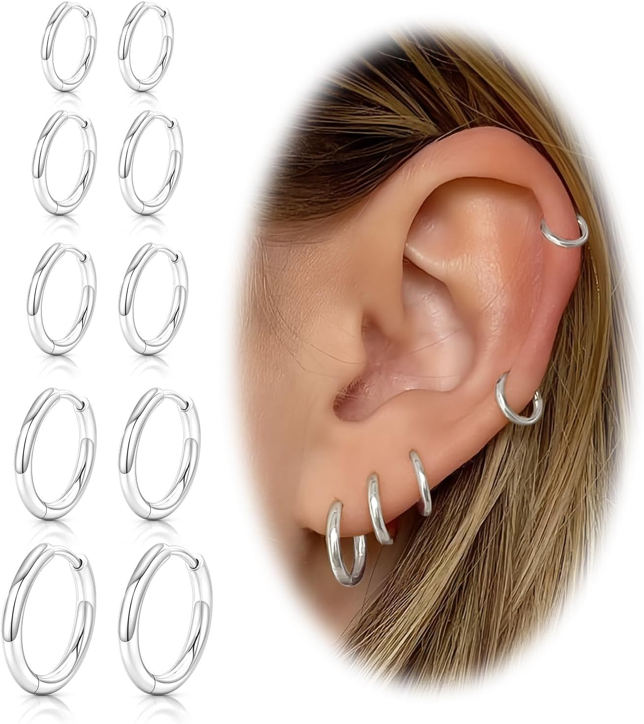 Sterling Silver Hoop Earrings, Hypoallergenic Earrings for Women Men 14K Real Go