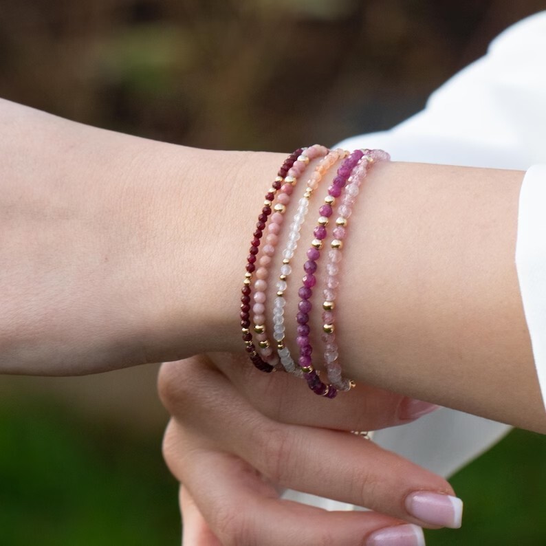 Ruby Crystal Gemstone Dainty Bracelet Minimalist Healing 2 mm Faceted Beads