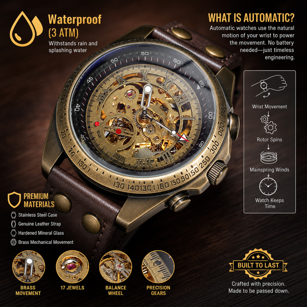 Men’s Luxury Automatic Mechanical Watch Skeleton Dial Leather Strap Retro