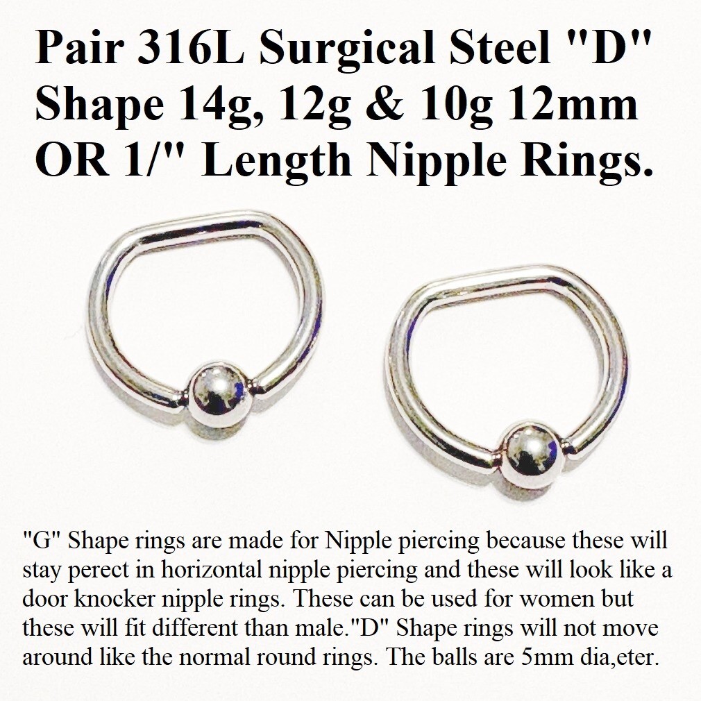 PAIR “D” SHAPE 316L Surgical Steel 14, 12 & 10g 12mm Diameter 5mm Balls.
