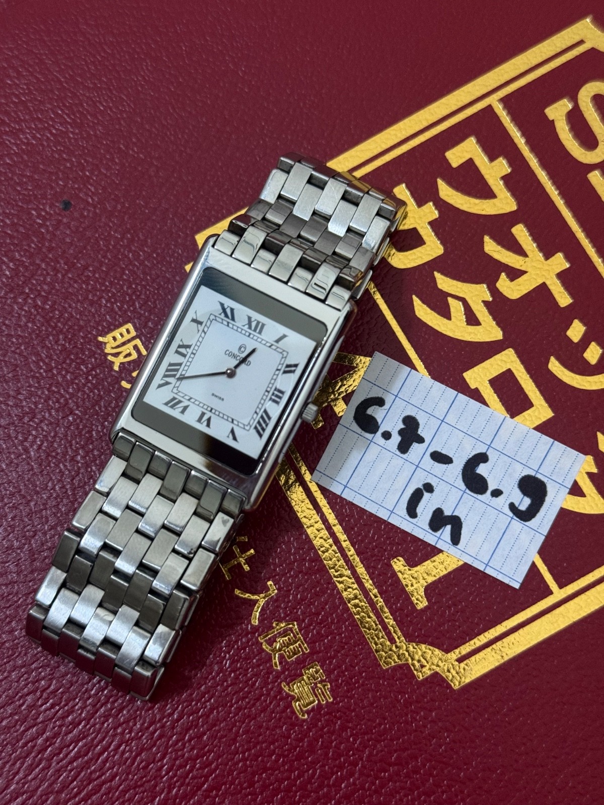 Vintage Concord Swiss Quartz Tank Watch Roman Dial Stainless Steel 26×34.5mm