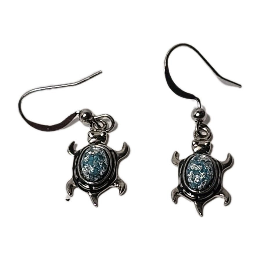 Vintage Sea Turtle Dangle Earrings Silver Toned Ocean Coastal