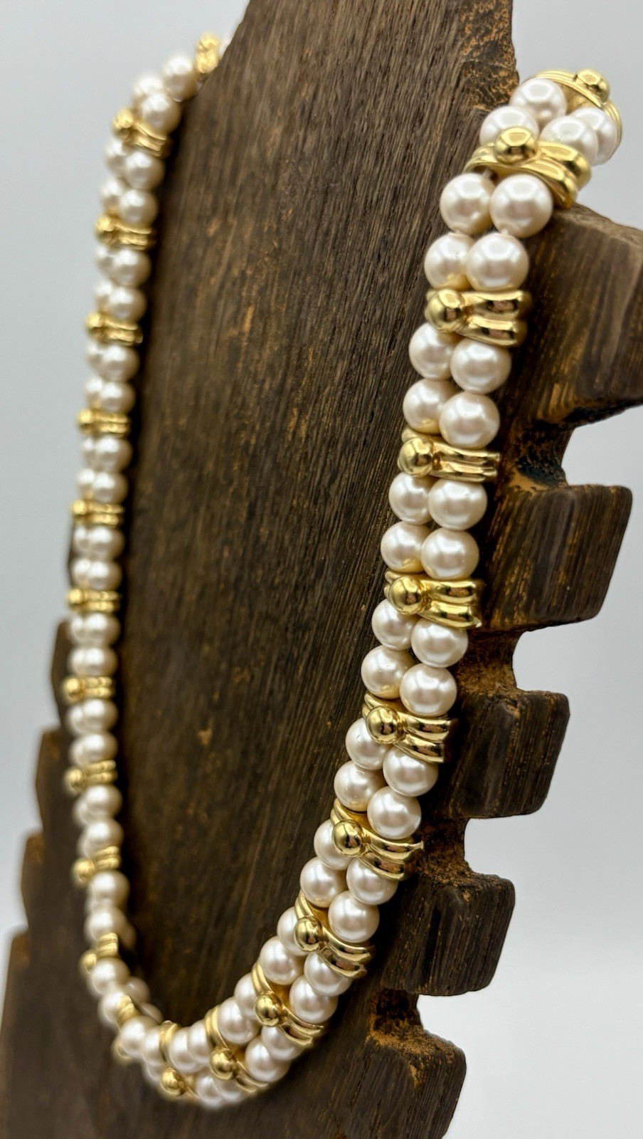 Monet Signed Double Strand Faux Pearl Gold Tone Choker Necklace Hook Clasp