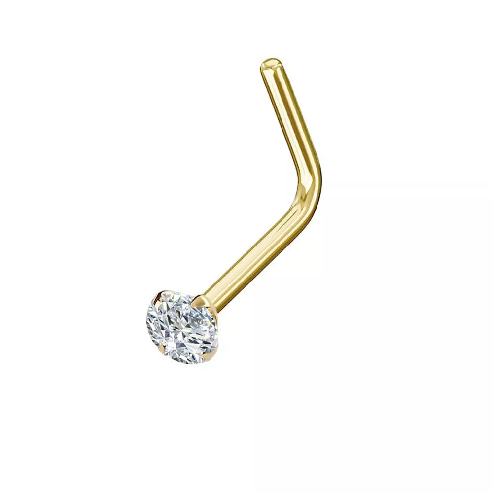 14K Yellow Gold 20G 18G Diamond Nose Ring With Choose L-Shape Nose Bone or Screw