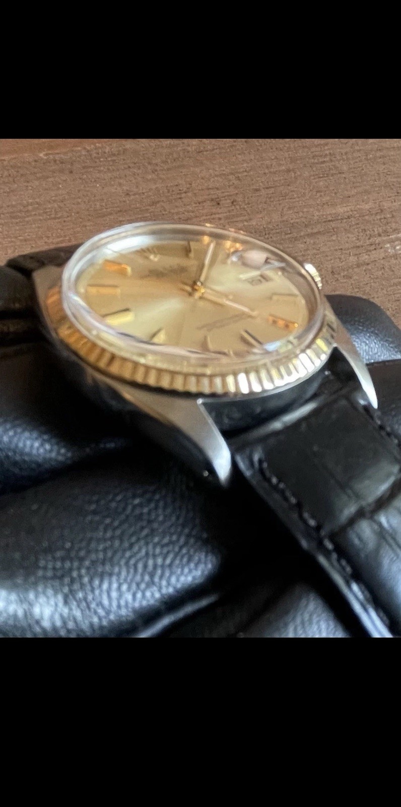 Rolex Date 1601 Mens Stainless Steel 18K Gold Watch Leather Band Champagne Dial
