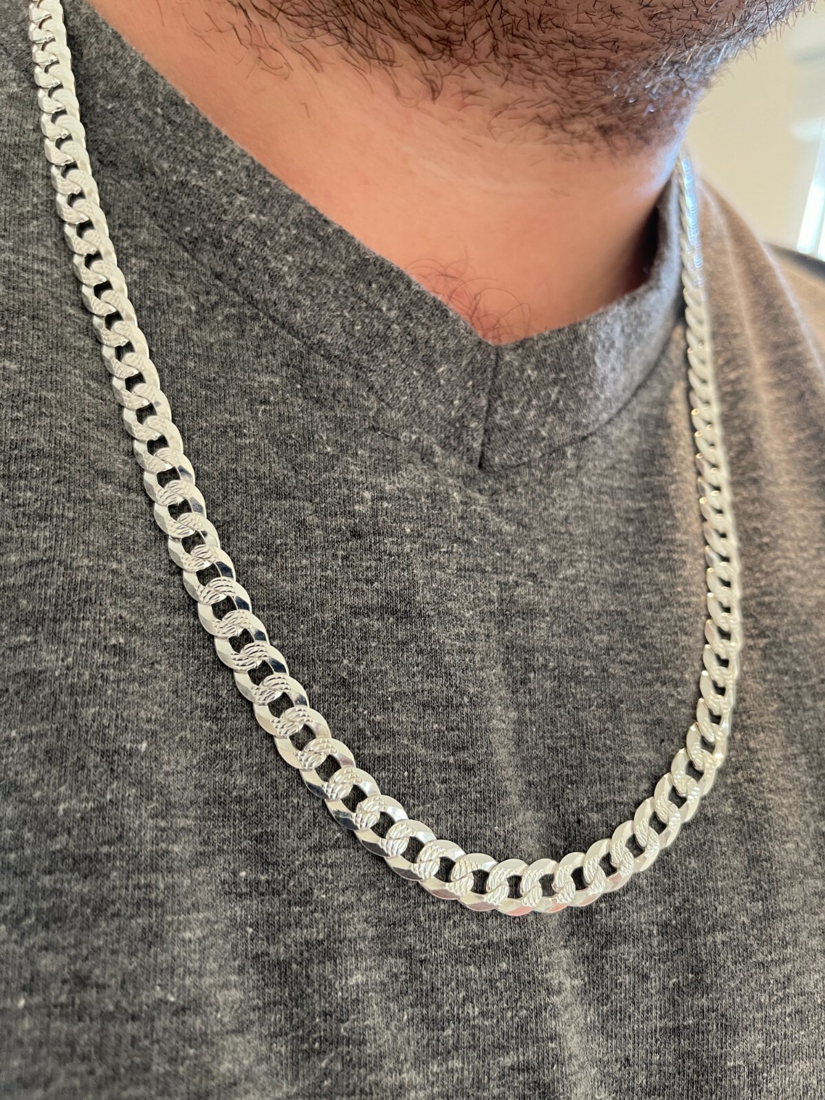 Solid 925 Sterling Silver Men’s Miami Cuban Link Chain Necklace 8mm Diamond Cut