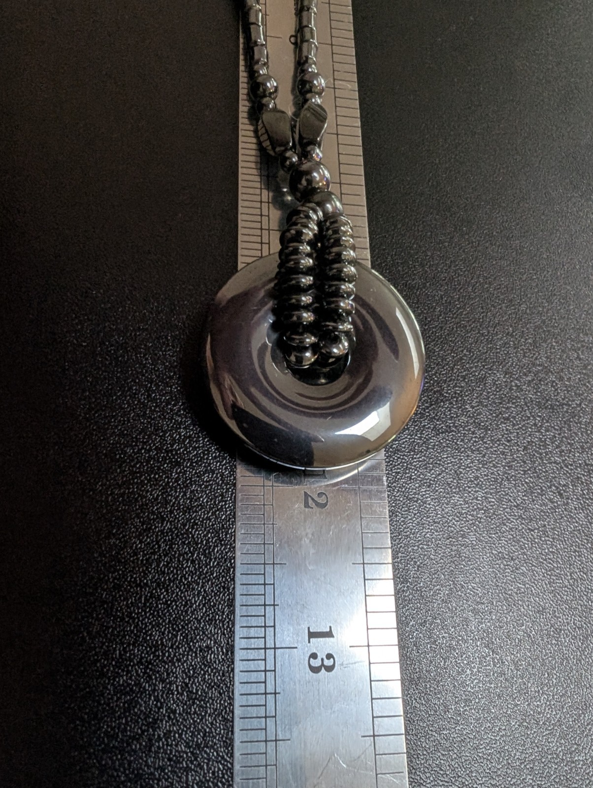 Magnetic Hematite Beaded Necklace Ring Donut Pendant Gunmetal Grey Therapy