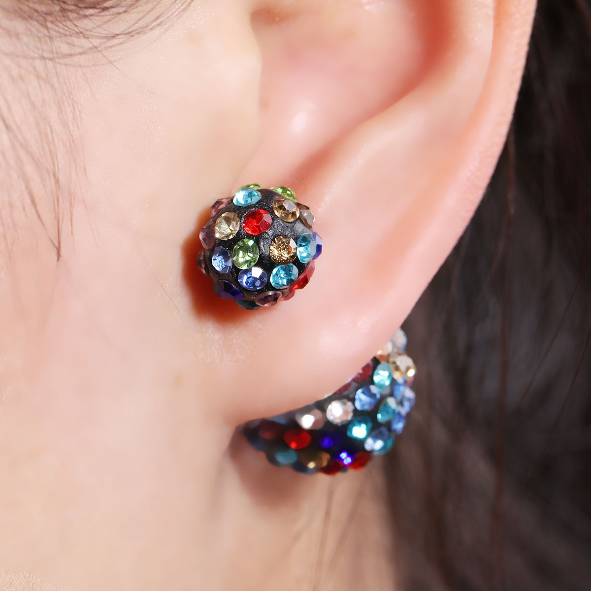 SEXY SPARKLES Clay Earrings Double Sided Ear Studs Round Pave Multicolor Rhinest