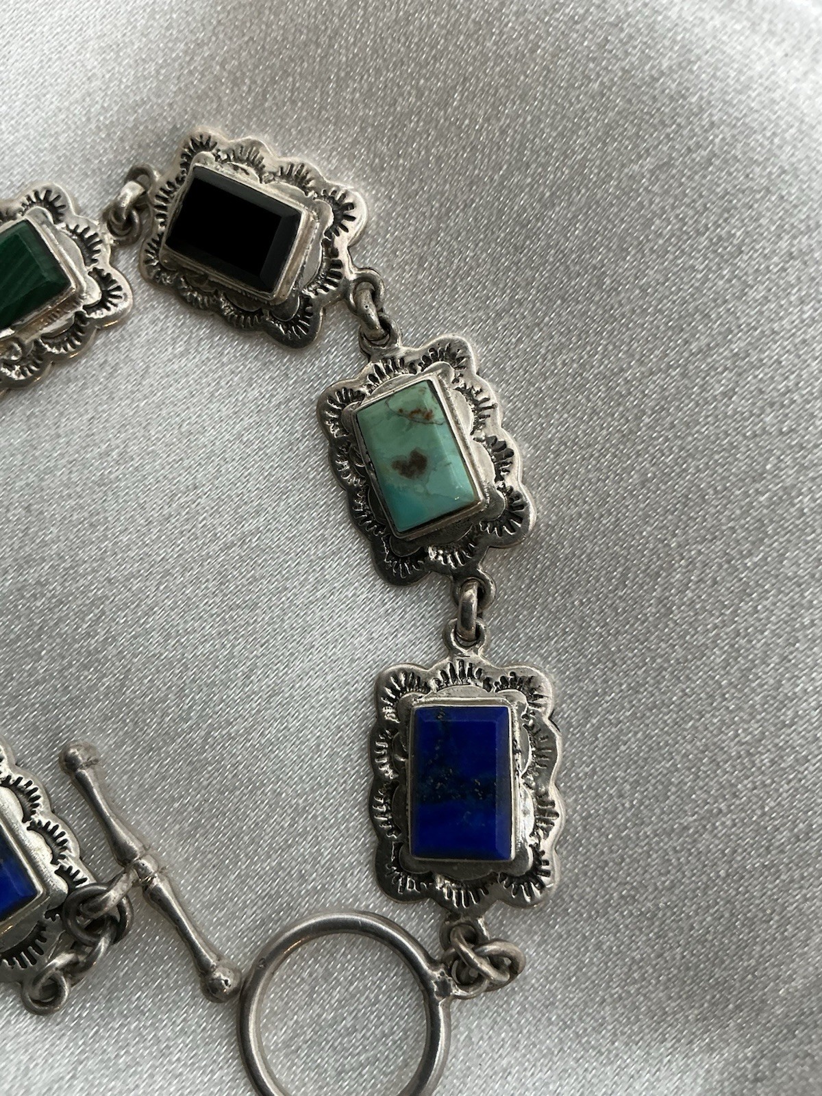 Thailand 925 Sterling Silver Link Bracelet w/ Multicolor Rectangle Stones Toggle