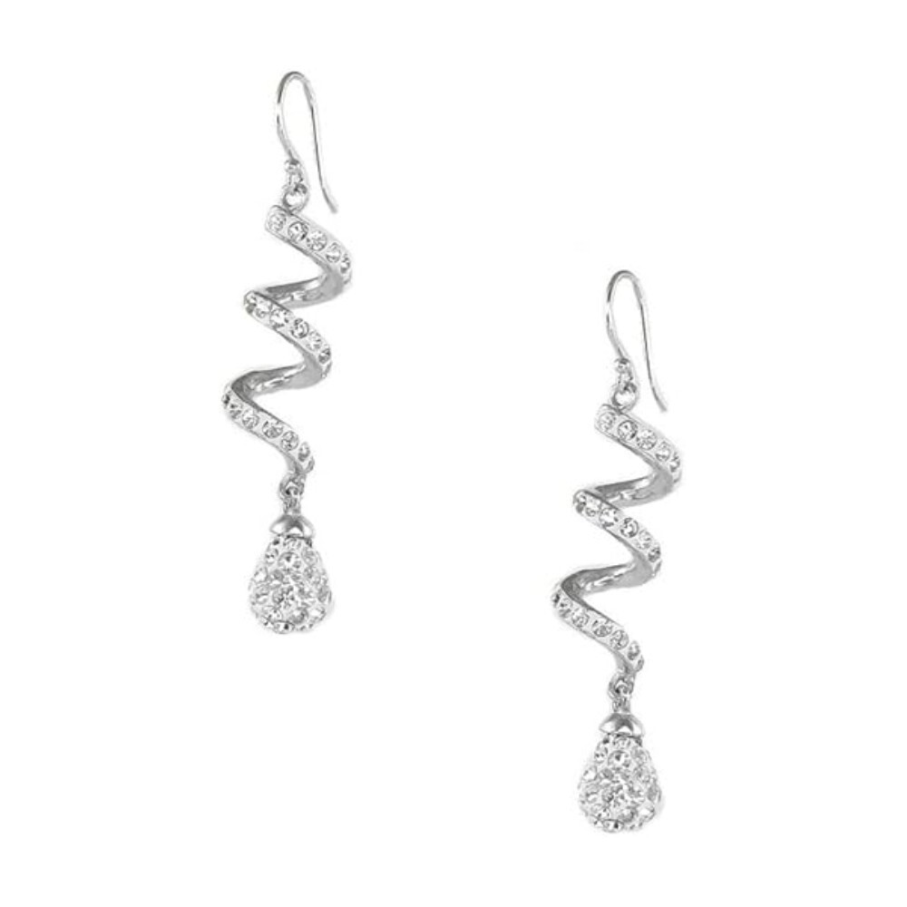 14K White Gold Plated White Spiral Shape Crystal Drop Dangle Hook Earrings