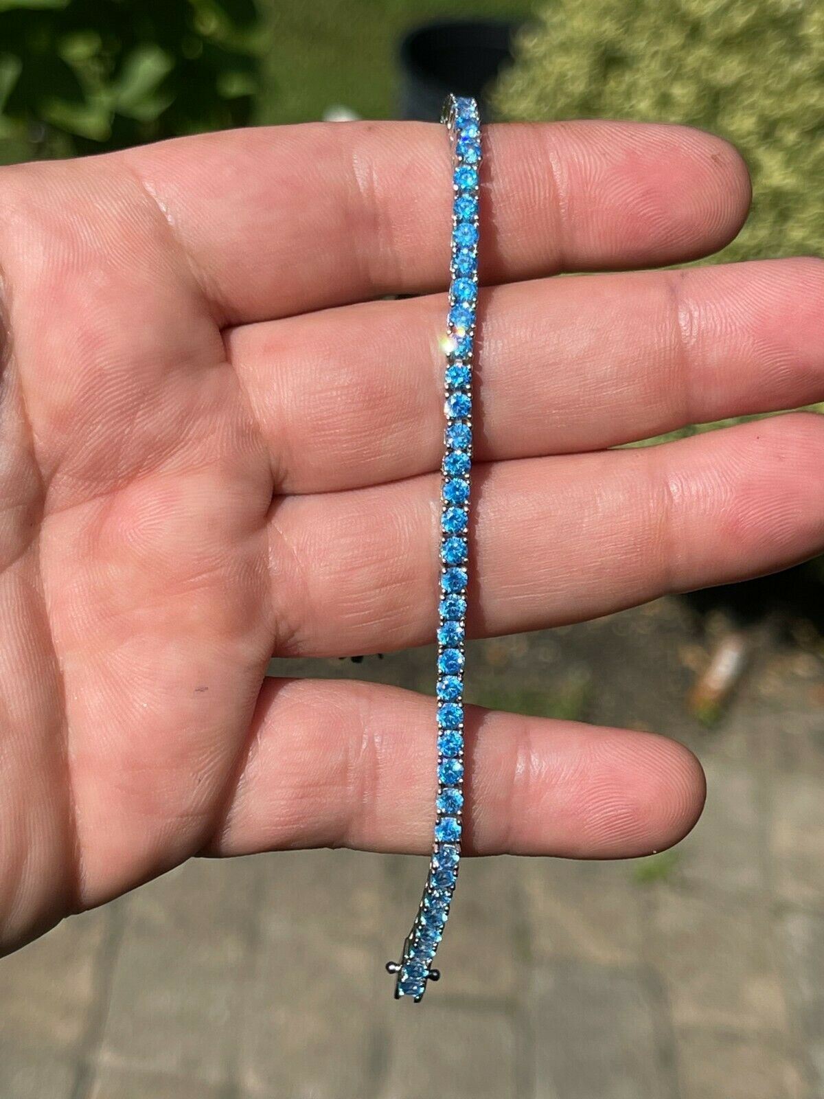 3mm Tennis Bracelet Real 925 Sterling Silver Simulated Aquamarine Blue CZ