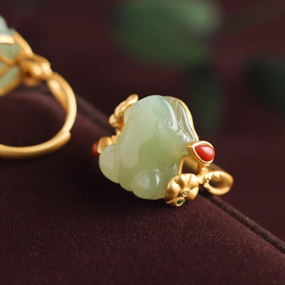 Green Jade Frog Rings Natural 925 Silver Women Adjustable Ring Jewelry Carved