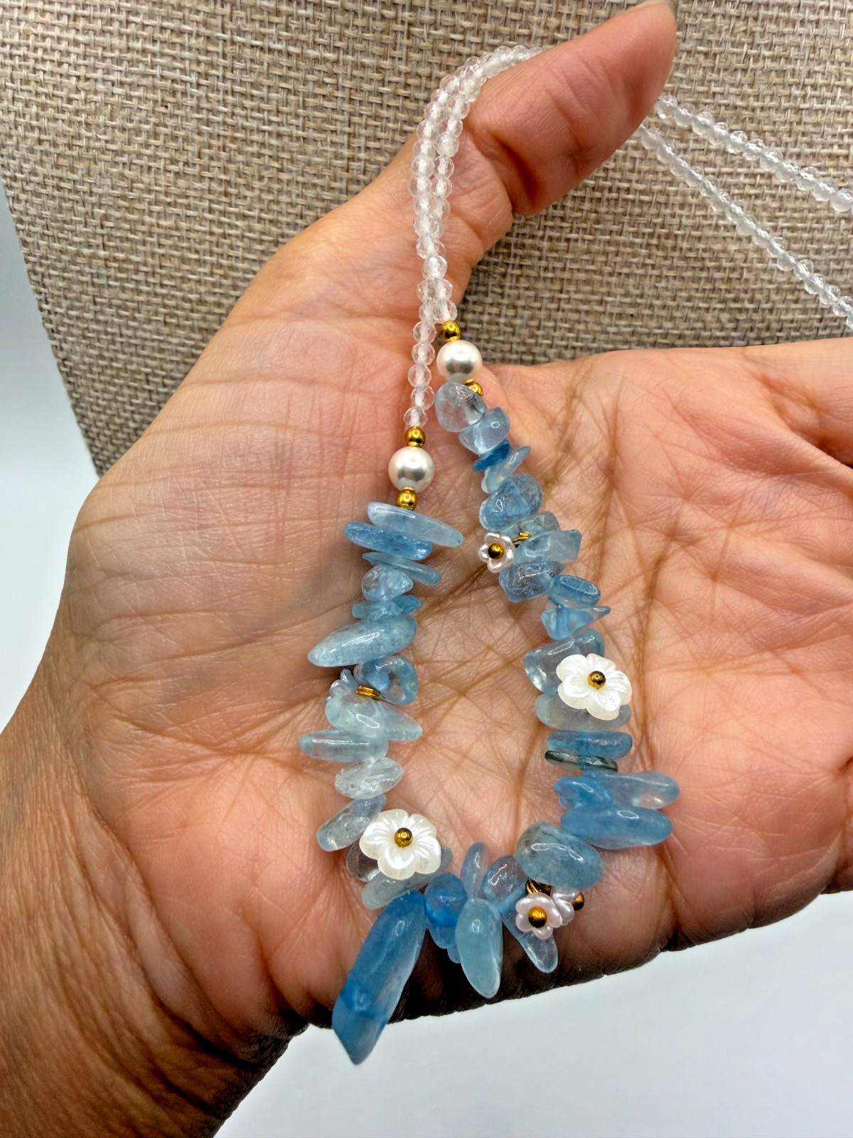 Natural Aquamarine & Clear Quartz Chip Necklace with Floral Accents – 17″ + 2″ E