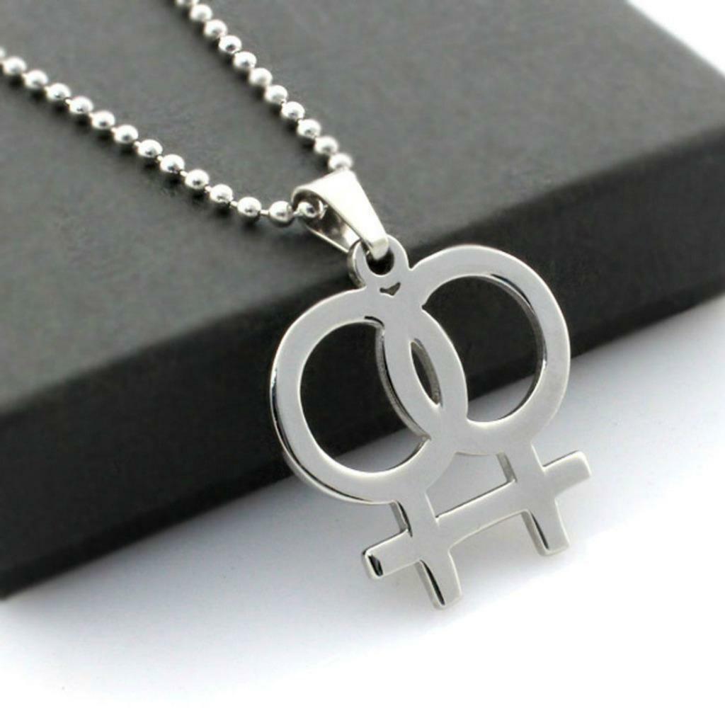 DOUBLE FEMALE SYMBOL NECKLACE Stainless Steel Pendant LGBT Lesbian Pride Venus