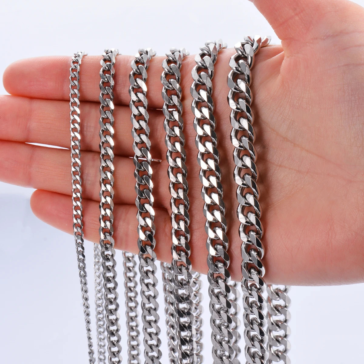 1 Piece Size 3.6mm-9mm Men’s Necklace Stainless Steel Cuban Link Chain Bracelet