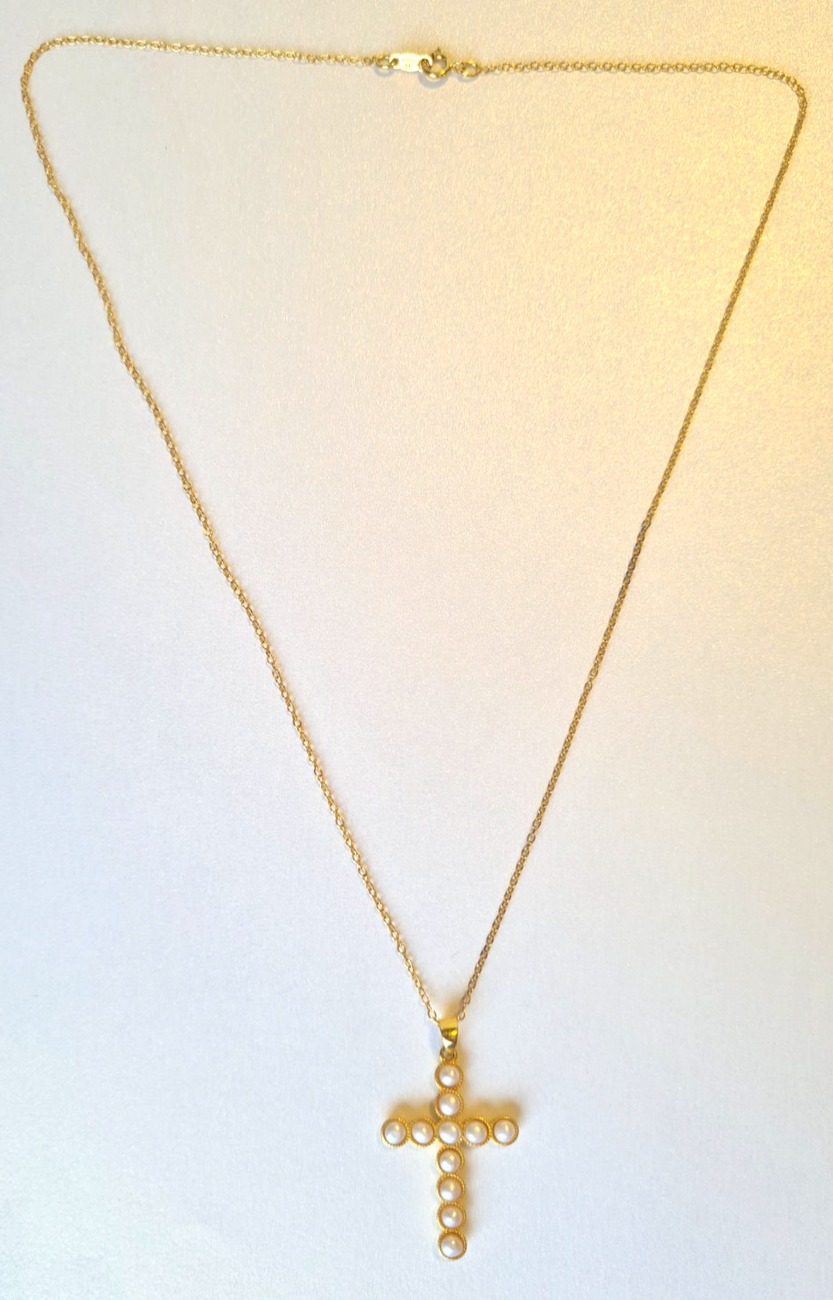 KEZEF Italian Gold over Sterling Silver Real Pearl Christian Cross + Necklace