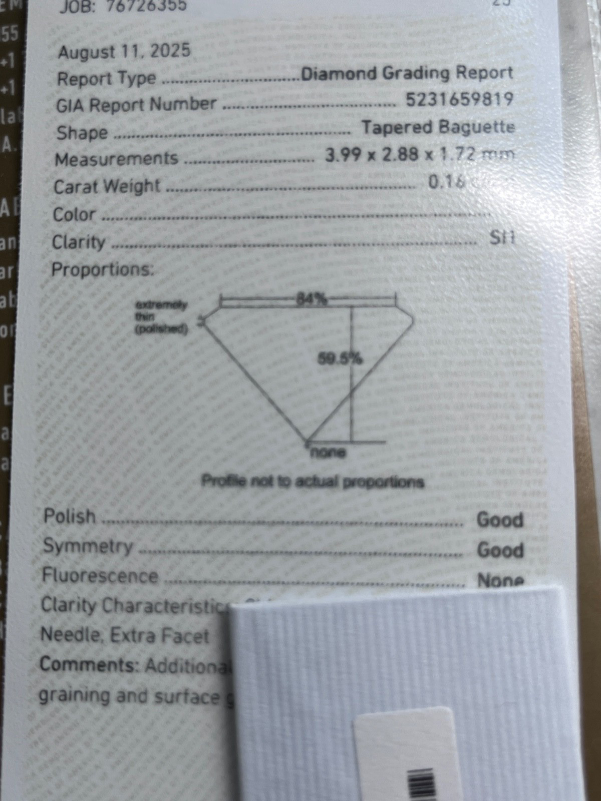 GIA Certified Tapered Baguette .16 CT SI1 F Natural Earth Mined Diamond