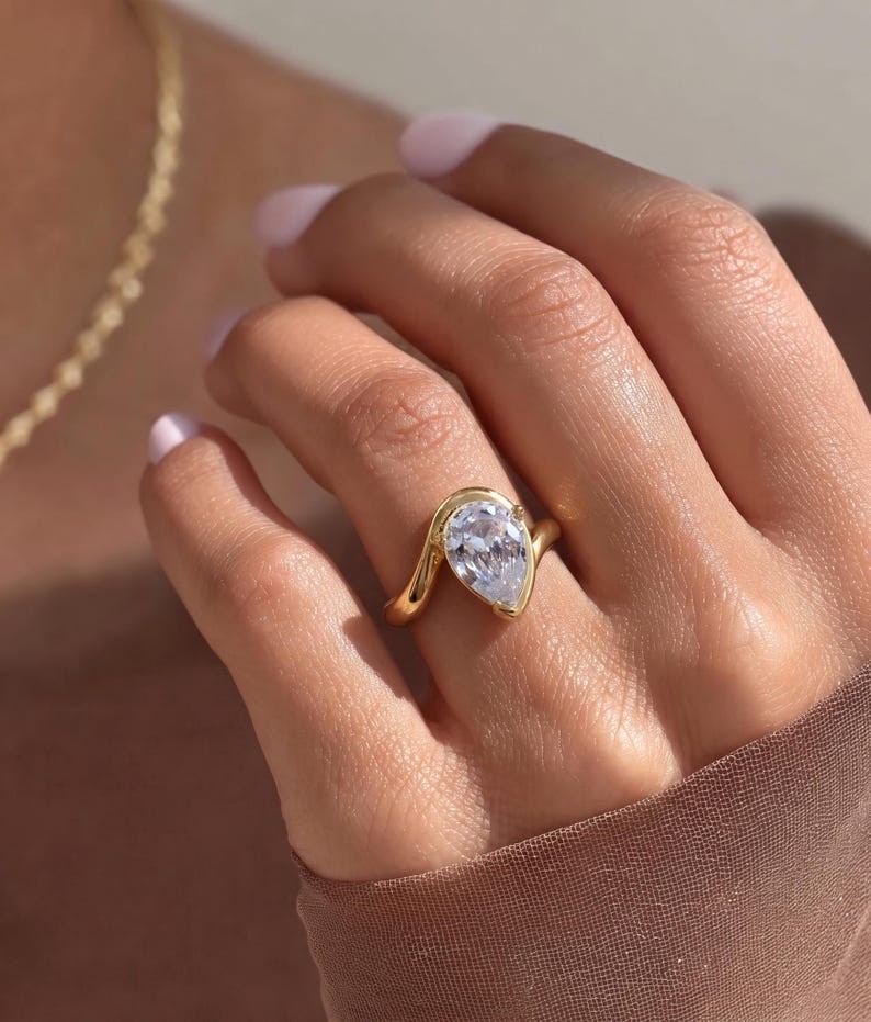 Pear Shape Moissanite Bypass 14K Gold Plated Teardrop Engagement Ring