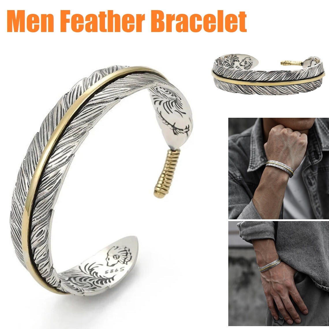 Women Men Retro Vintage 925 Sterling Gold Silver Feather Cuff Bangle Bracelet US
