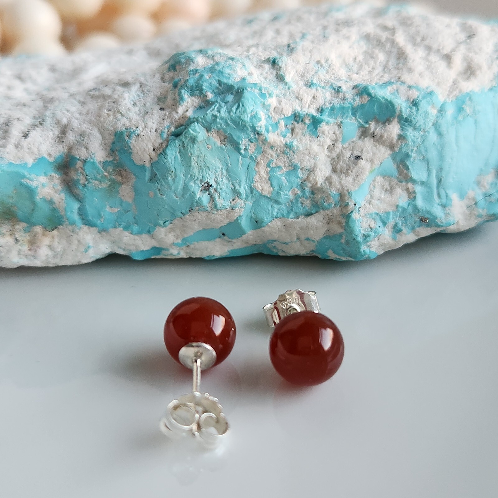 Natural Red Carnelian 8mm Ball Stud Earrings Solid 925 Sterling Sliver