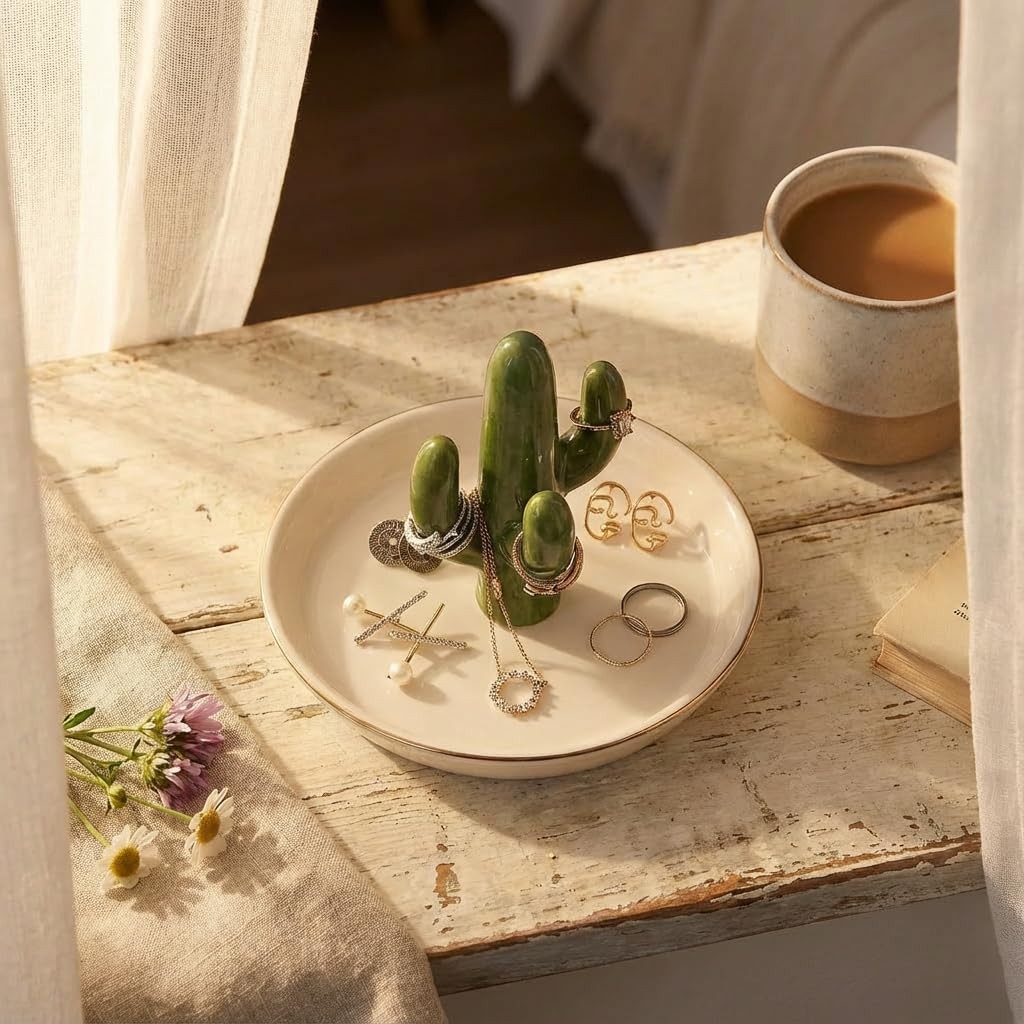 Cactus Jewelry Holder and Ring Dish – Ceramic Succulent Decor for Kitchen Sin…