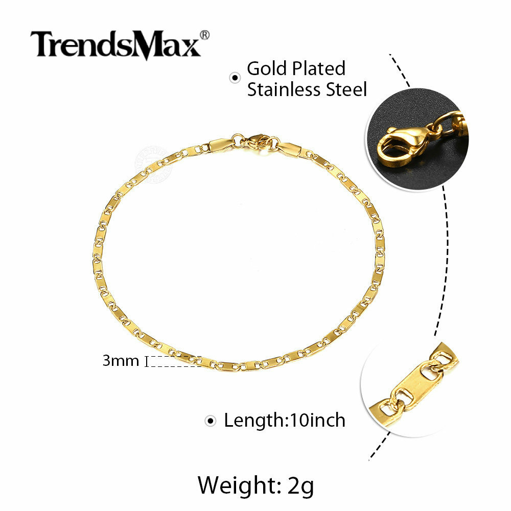 3mm Gold Plated Stainless Steel Figaro Curb Chain Anklet Bracelet Women 10″