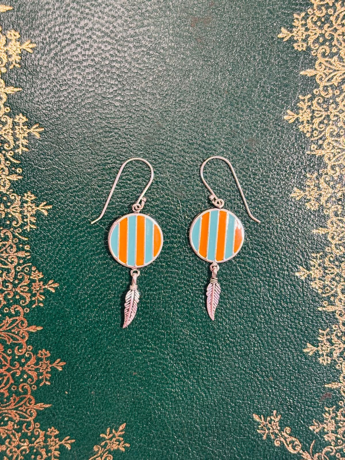 925 Silver 30mm Striped Feather Enamel Earrings Hook Settings Made In UK HMJ104
