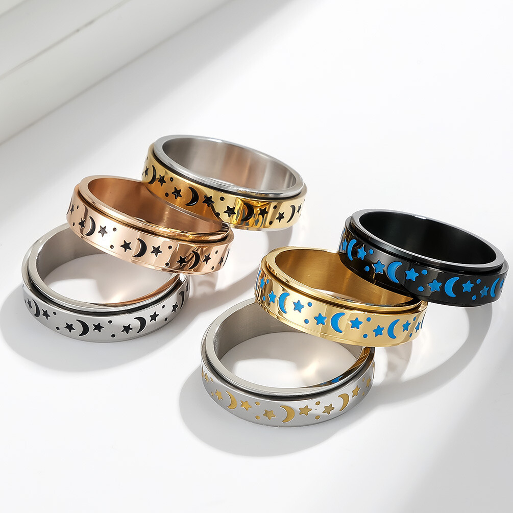 Spinner Ring for Women Men Boy Stainless Steel Decompression Anxiety Moon Star
