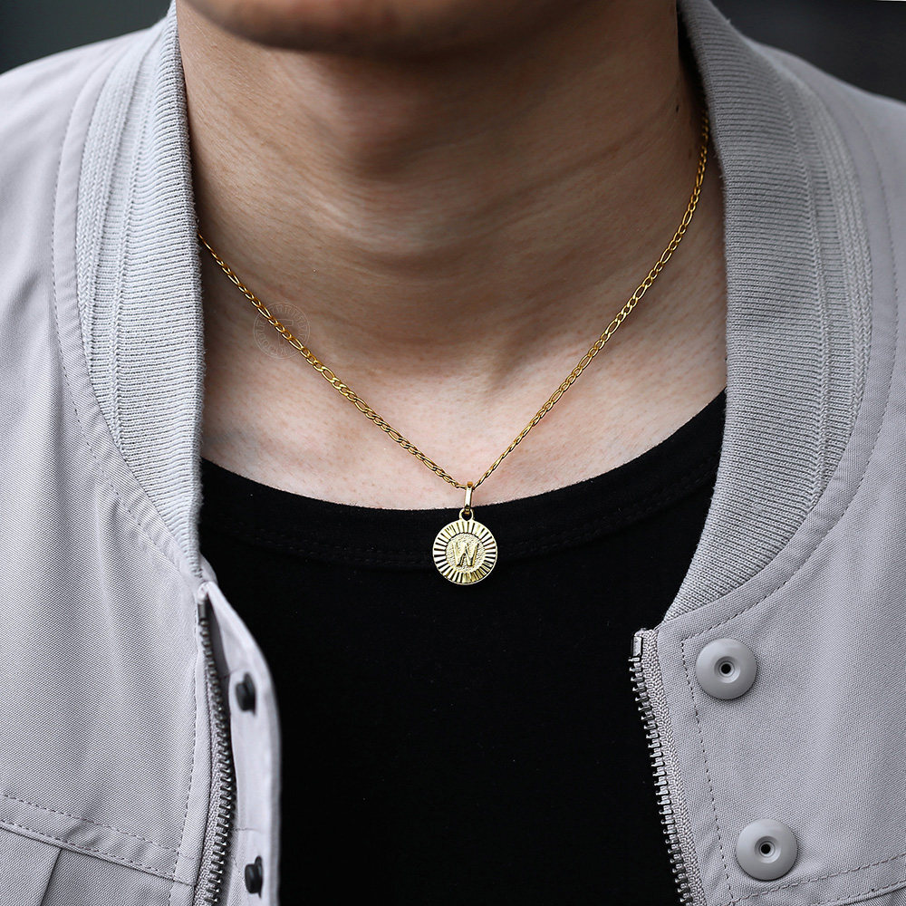18″ New Gold Plated Initial Letter Necklace Pendant Stainless Steel Figaro Chain