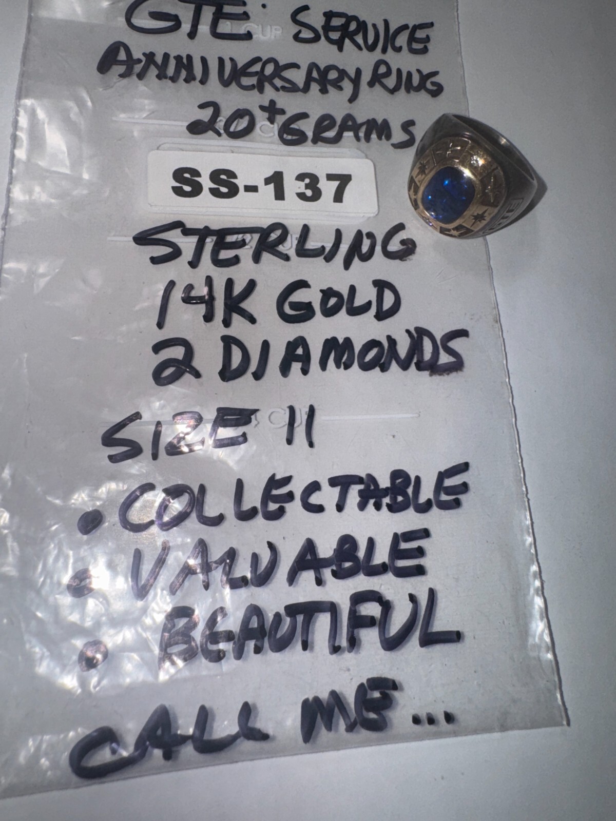 GTE Service Ring: Sterling & 14K Gold w/2 Diamonds & Blue Stone Very Cool SS-137