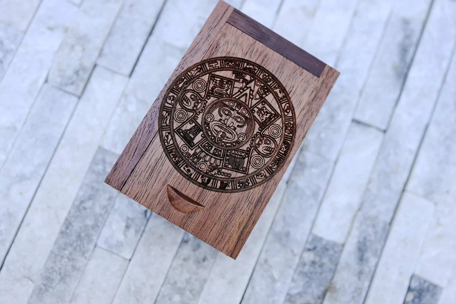 Engraved Walnut Wood Aztec Culture Calendar Rectangular Ring with Ring Box – 8mm