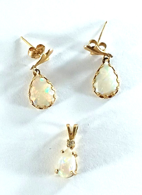 Vintage 14K Gold Opal Earrings & Pendant Set Natural White Fire Opal Mexico
