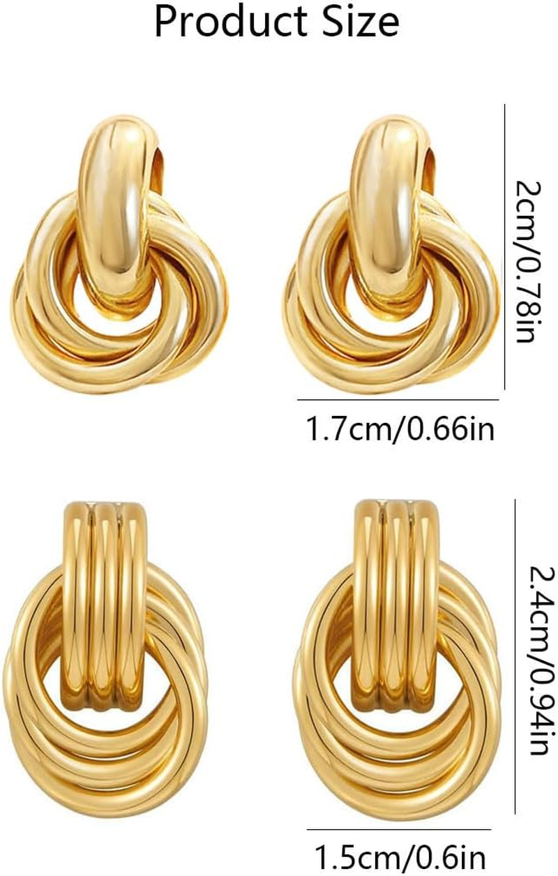 2 Pairs Gold Knot Earrings Chunky Statement Earrings Geometric Drop Dangle Earri