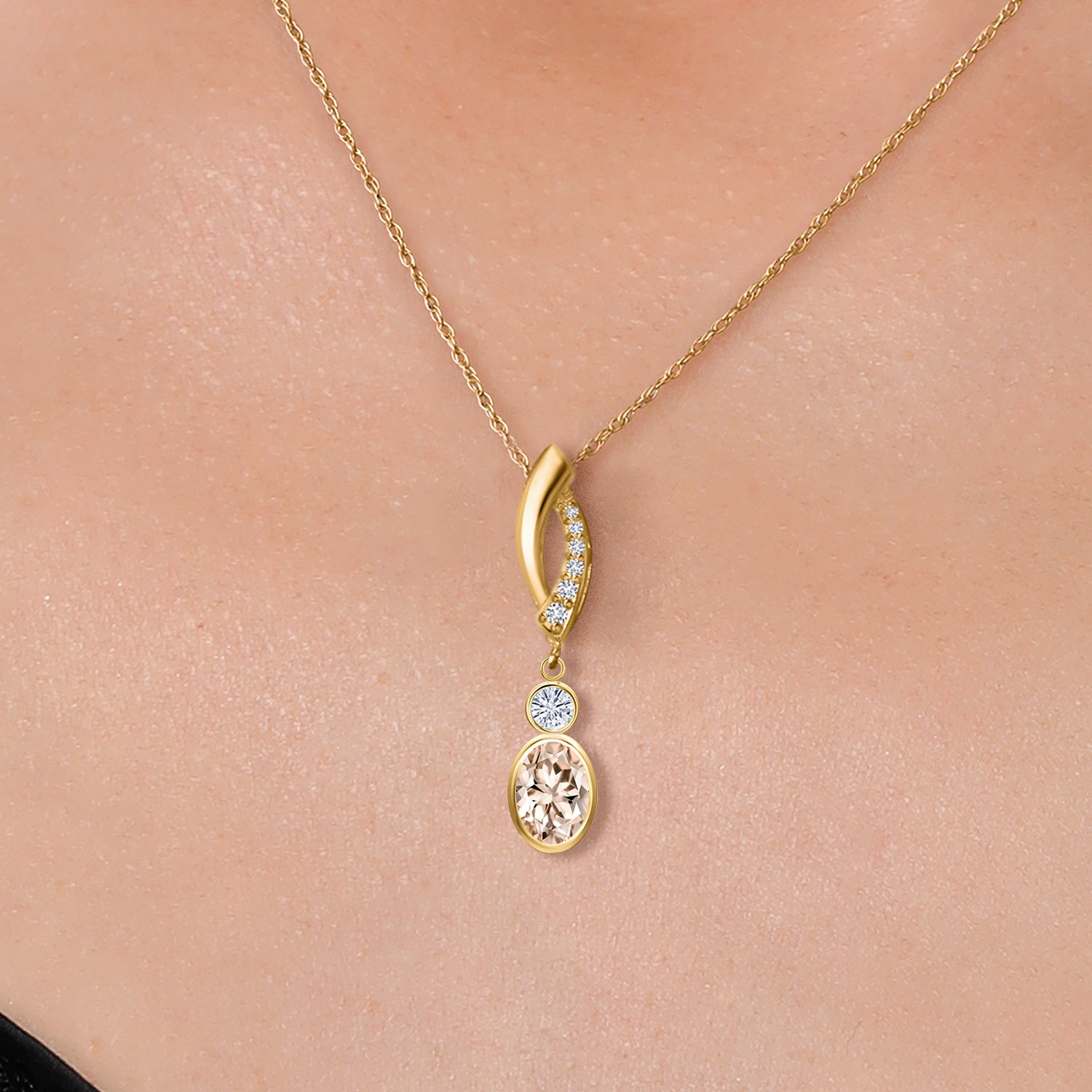 14K Yellow Gold Peach Morganite and White Moissanite and Lab Grown Diamond