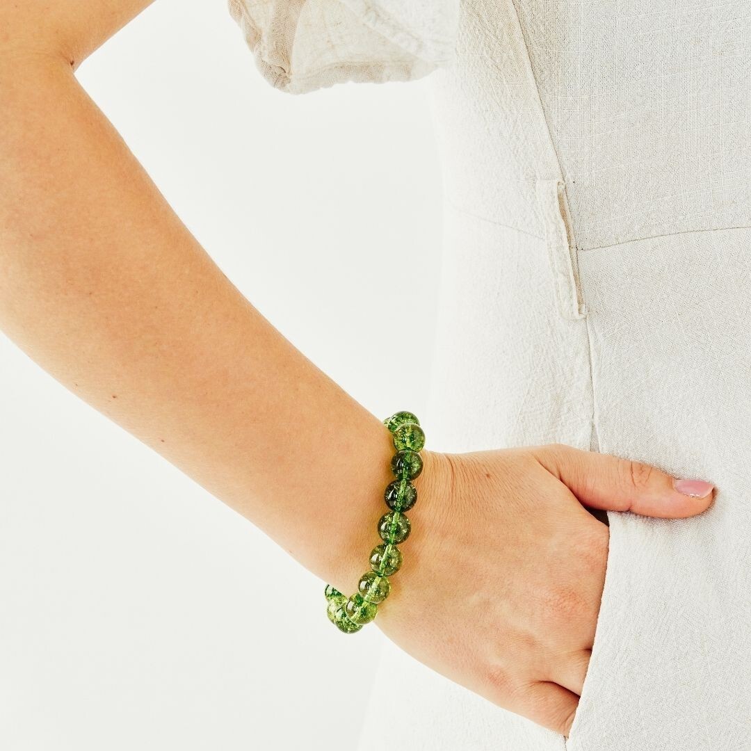 Natural Peridot Stone Bracelet 8mm Green Crystal Stretch Bracelet Handmade