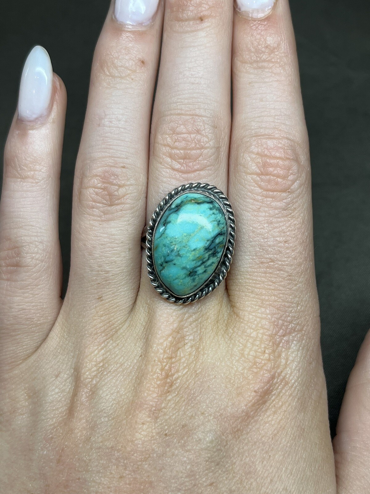 Sterling Native Southwestern Turquoise Ring Sz 7.25 Unsigned Rope Frame Marbled